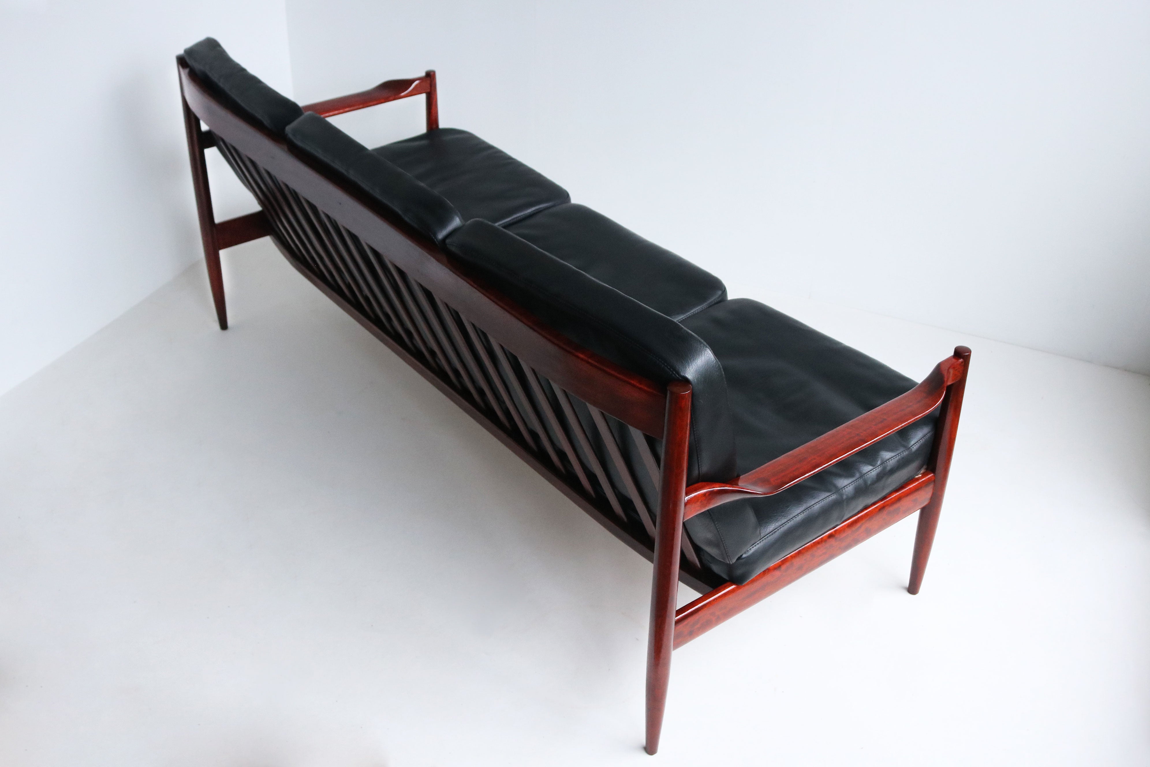 Exquisite Danish Design 3 seater sofa By Grete Jalk in Black Leather & teak 1950