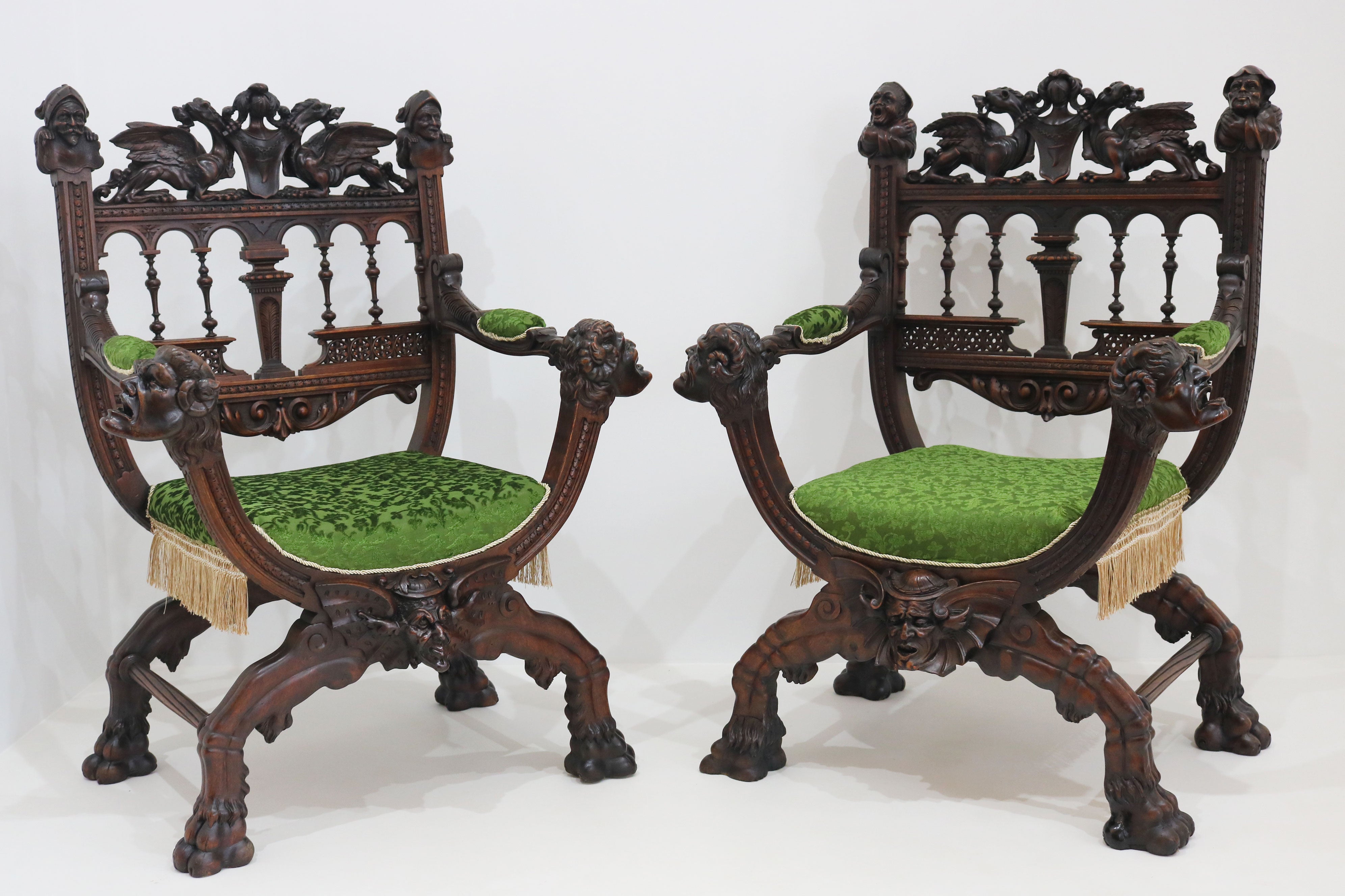 Pair of Gothic Revival lounge chairs by Victor Aimone 1880 #2