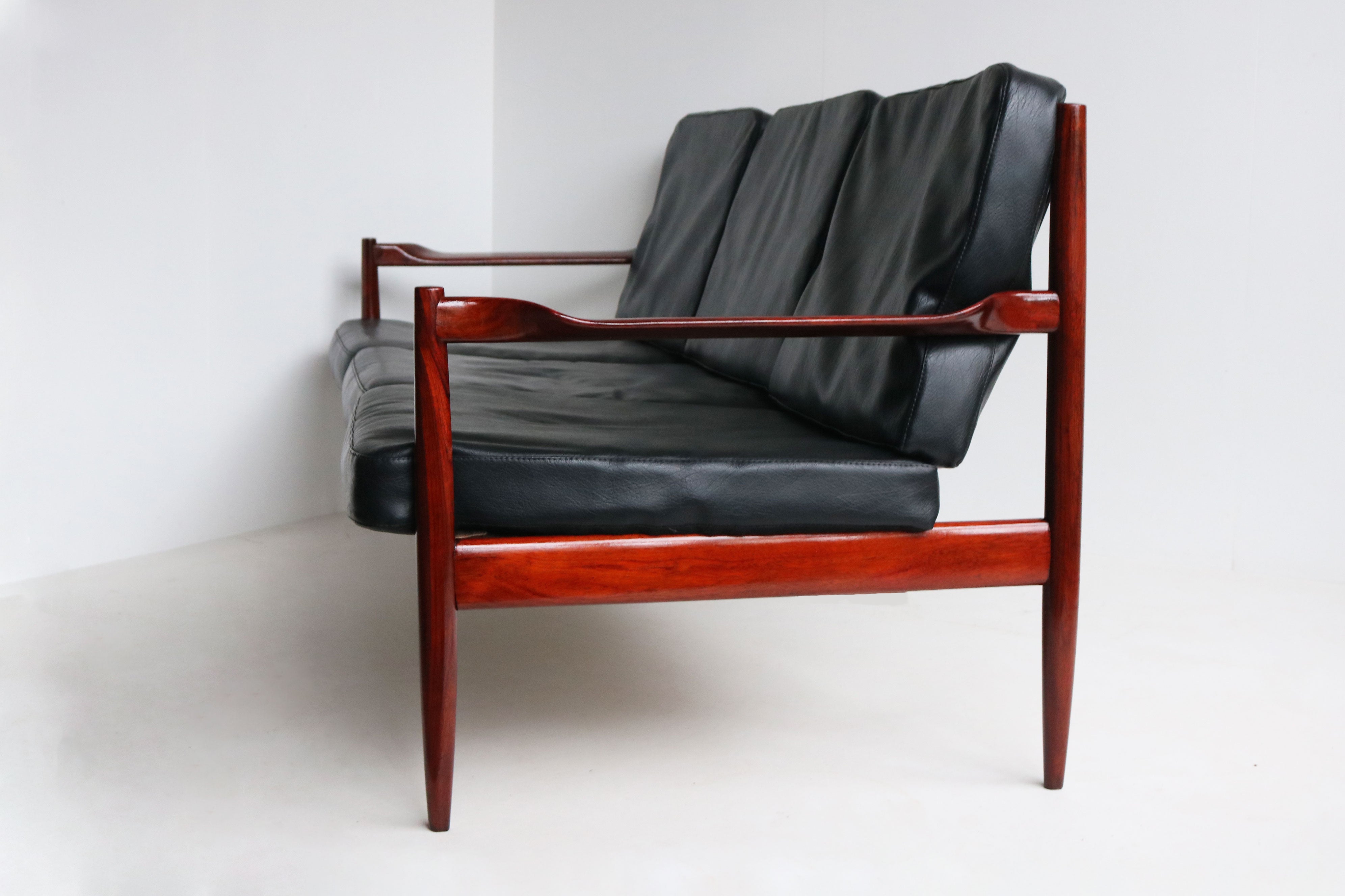 Exquisite Danish Design 3 seater sofa By Grete Jalk in Black Leather & teak 1950