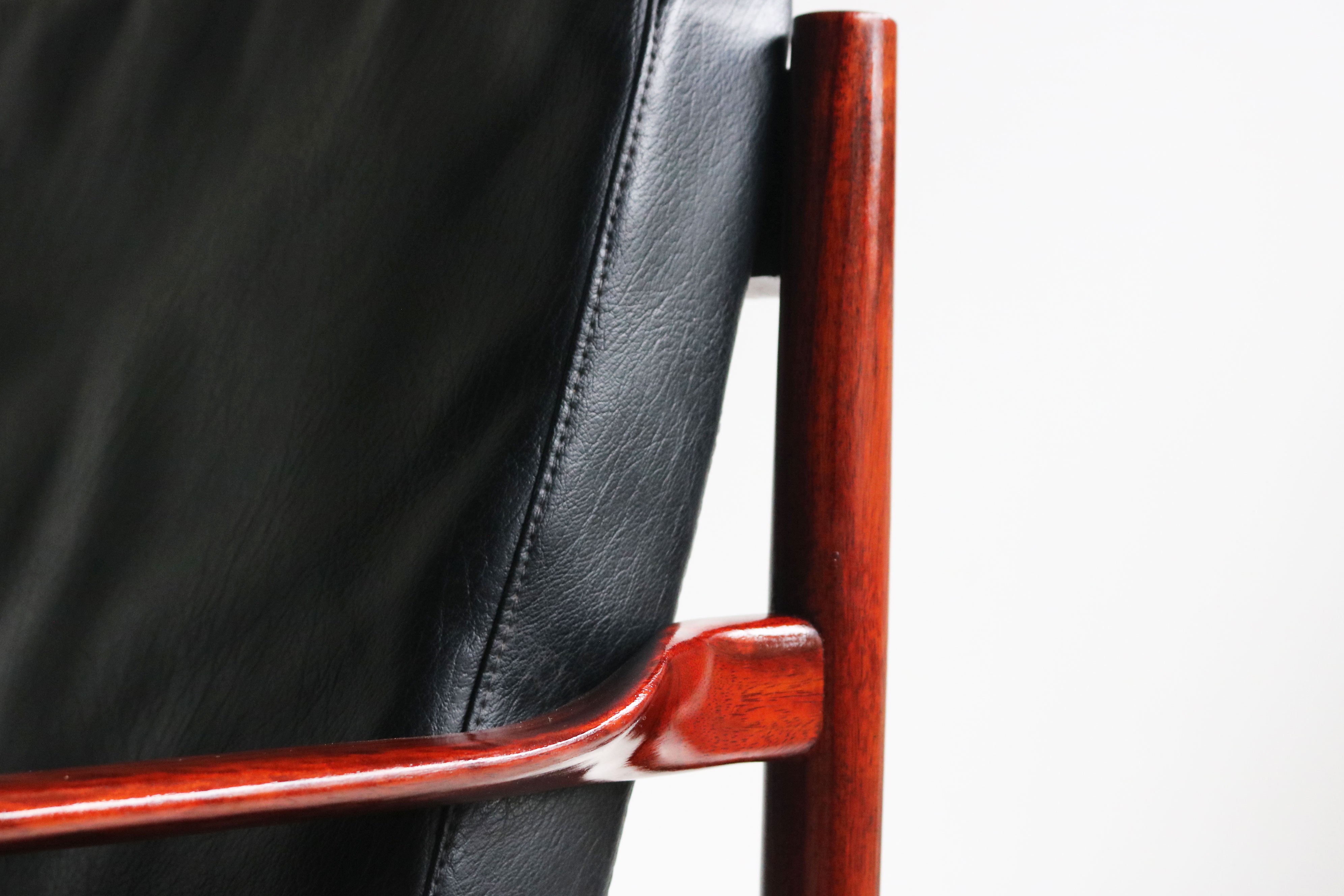 Exquisite Danish Design 3 seater sofa By Grete Jalk in Black Leather & teak 1950