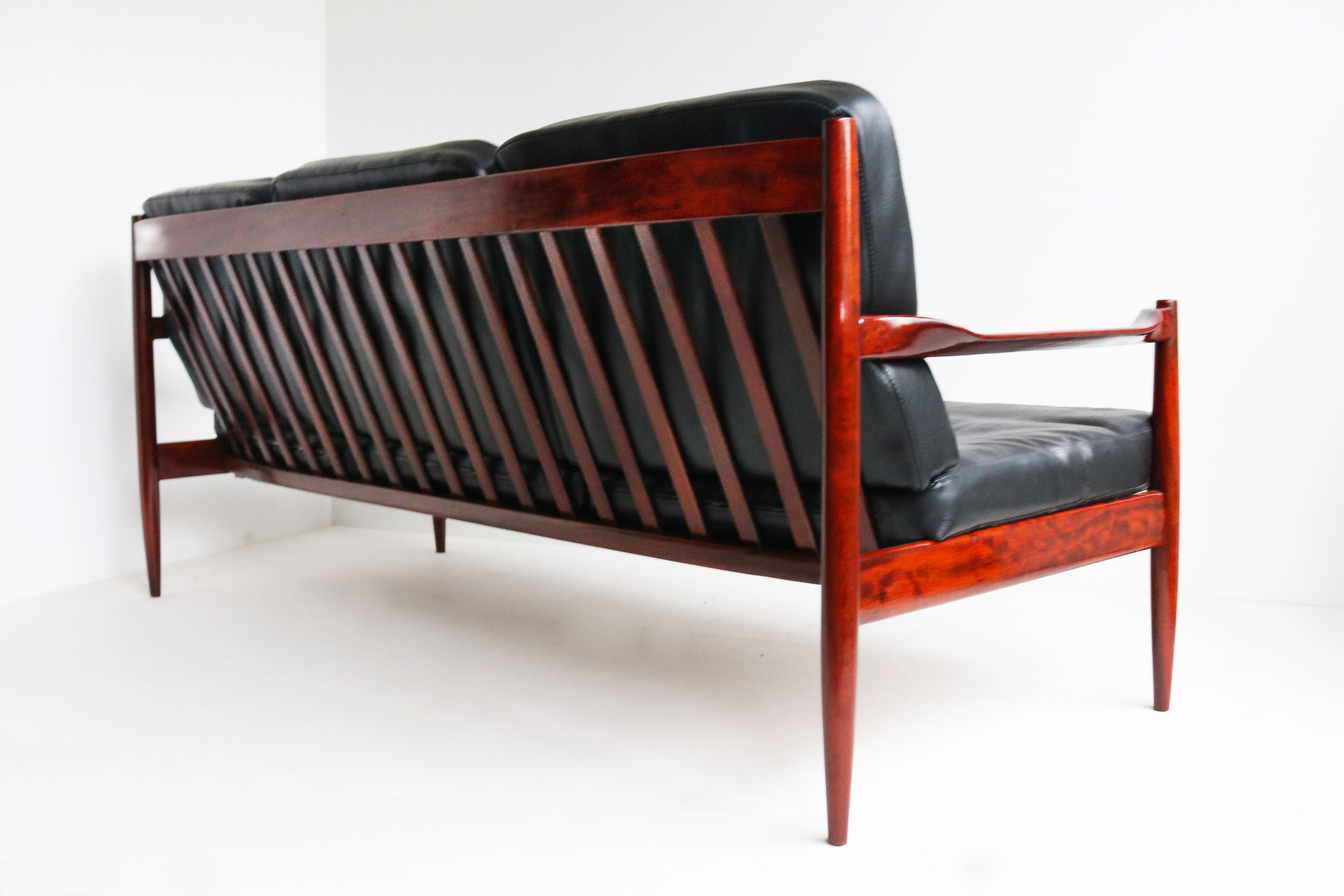 Exquisite Danish Design 3 seater sofa By Grete Jalk in Black Leather & teak 1950