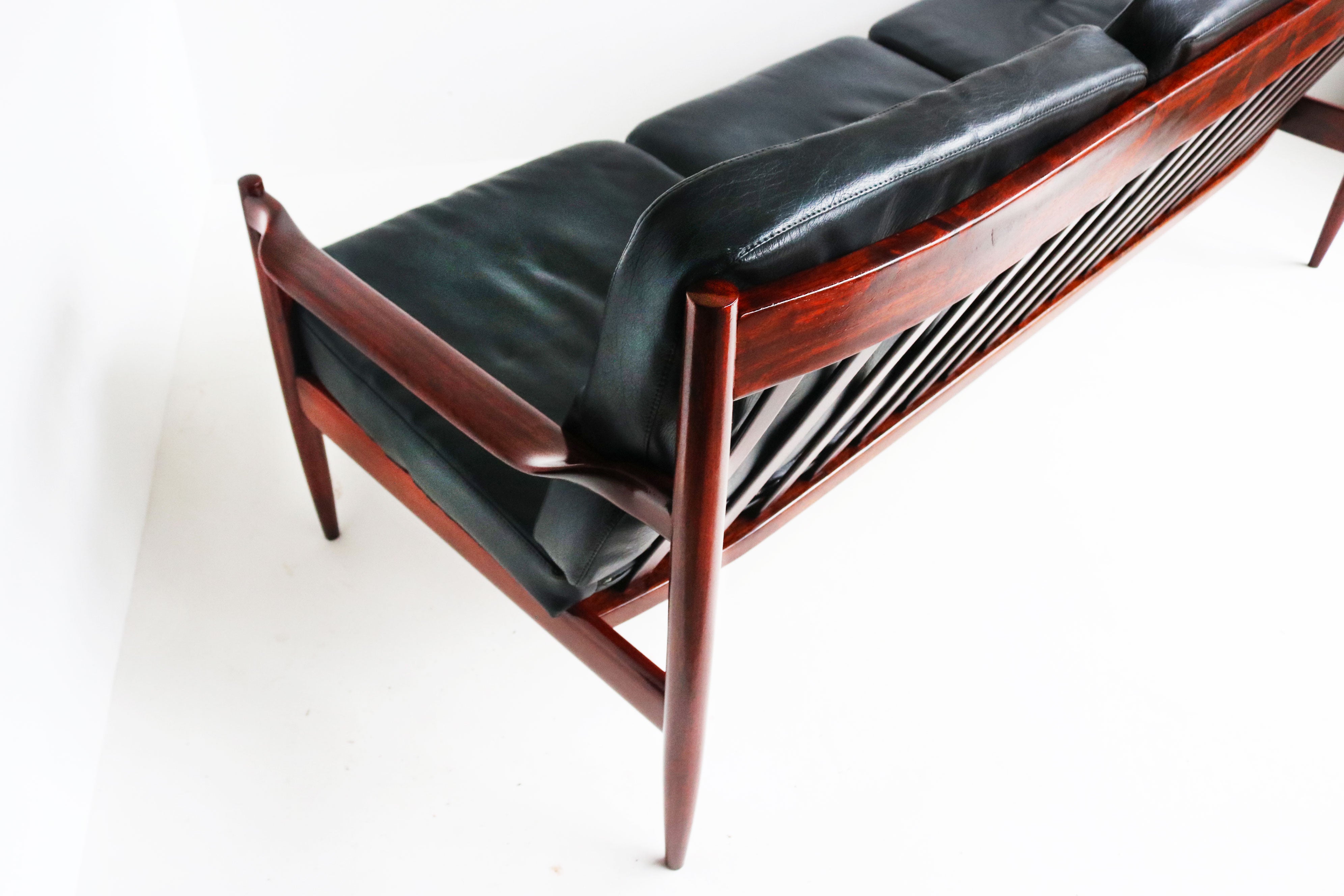 Exquisite Danish Design 3 seater sofa By Grete Jalk in Black Leather & teak 1950