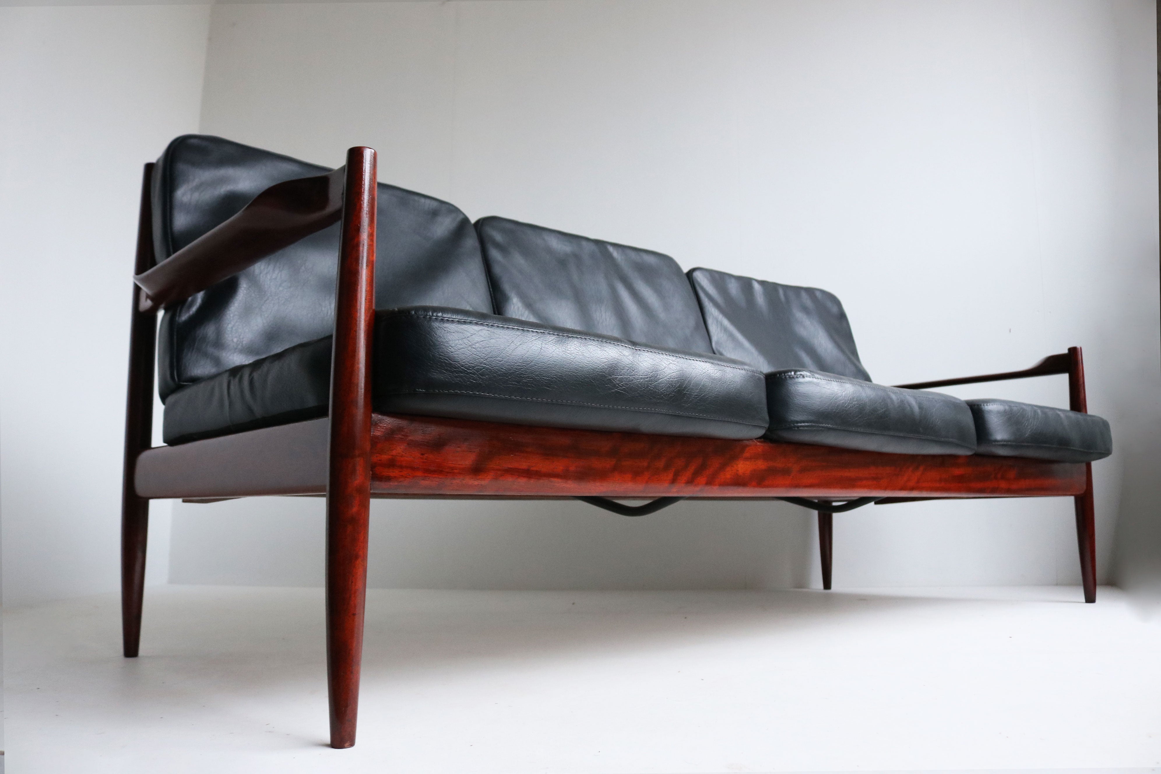Exquisite Danish Design 3 seater sofa By Grete Jalk in Black Leather & teak 1950
