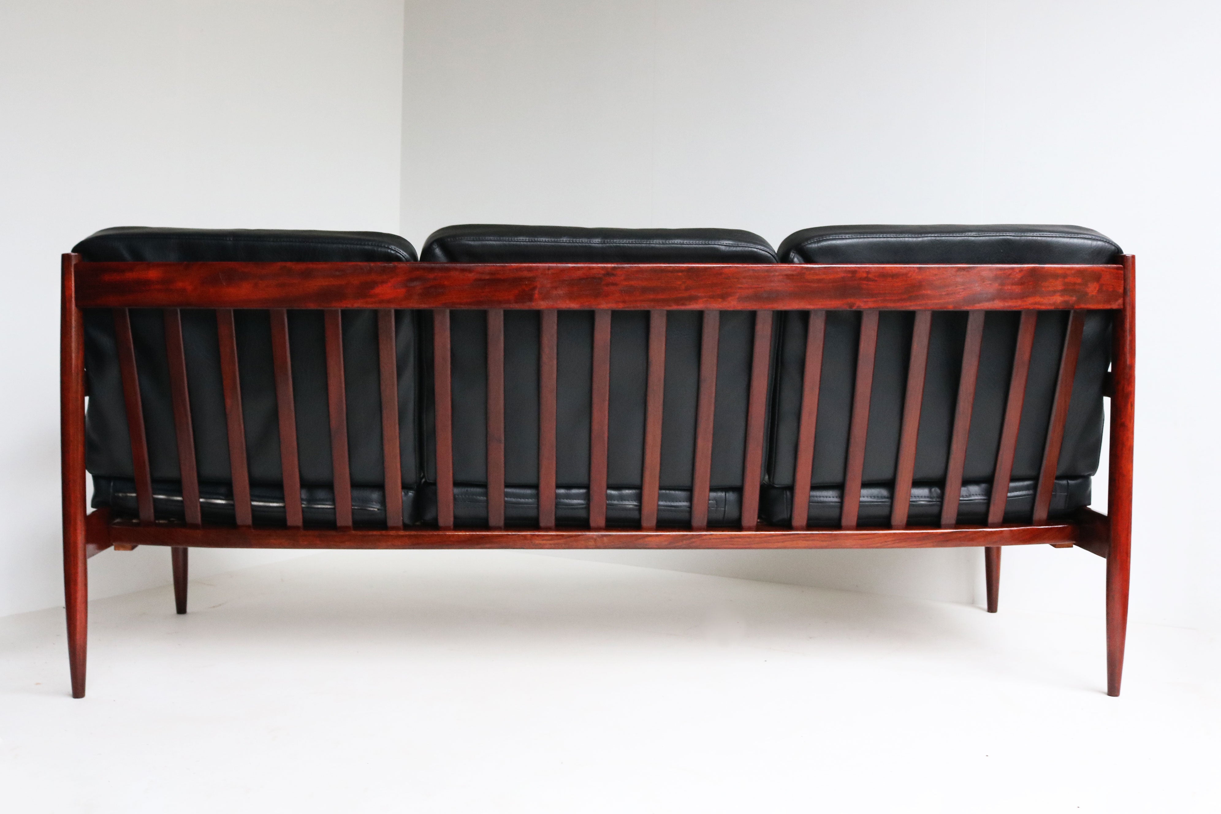 Exquisite Danish Design 3 seater sofa By Grete Jalk in Black Leather & teak 1950