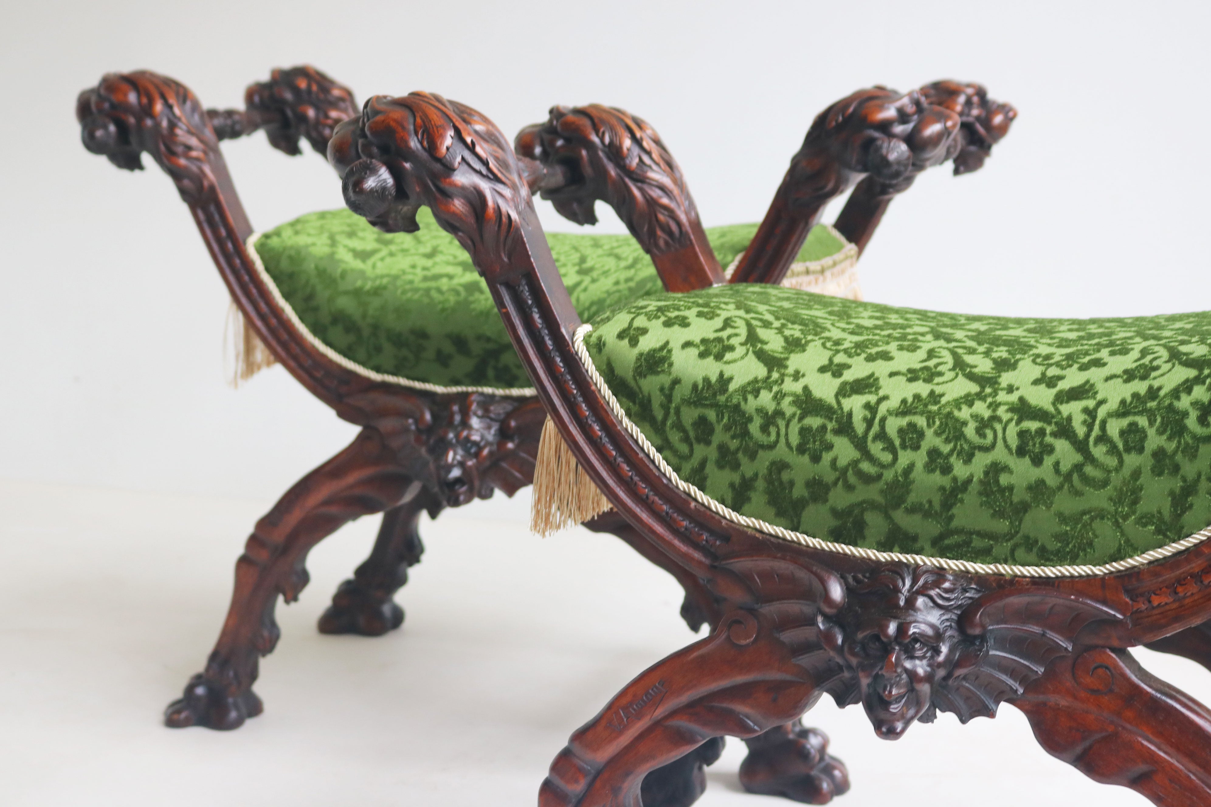 Rare pair of Gothic Revival stools by Victor Aimone 1880