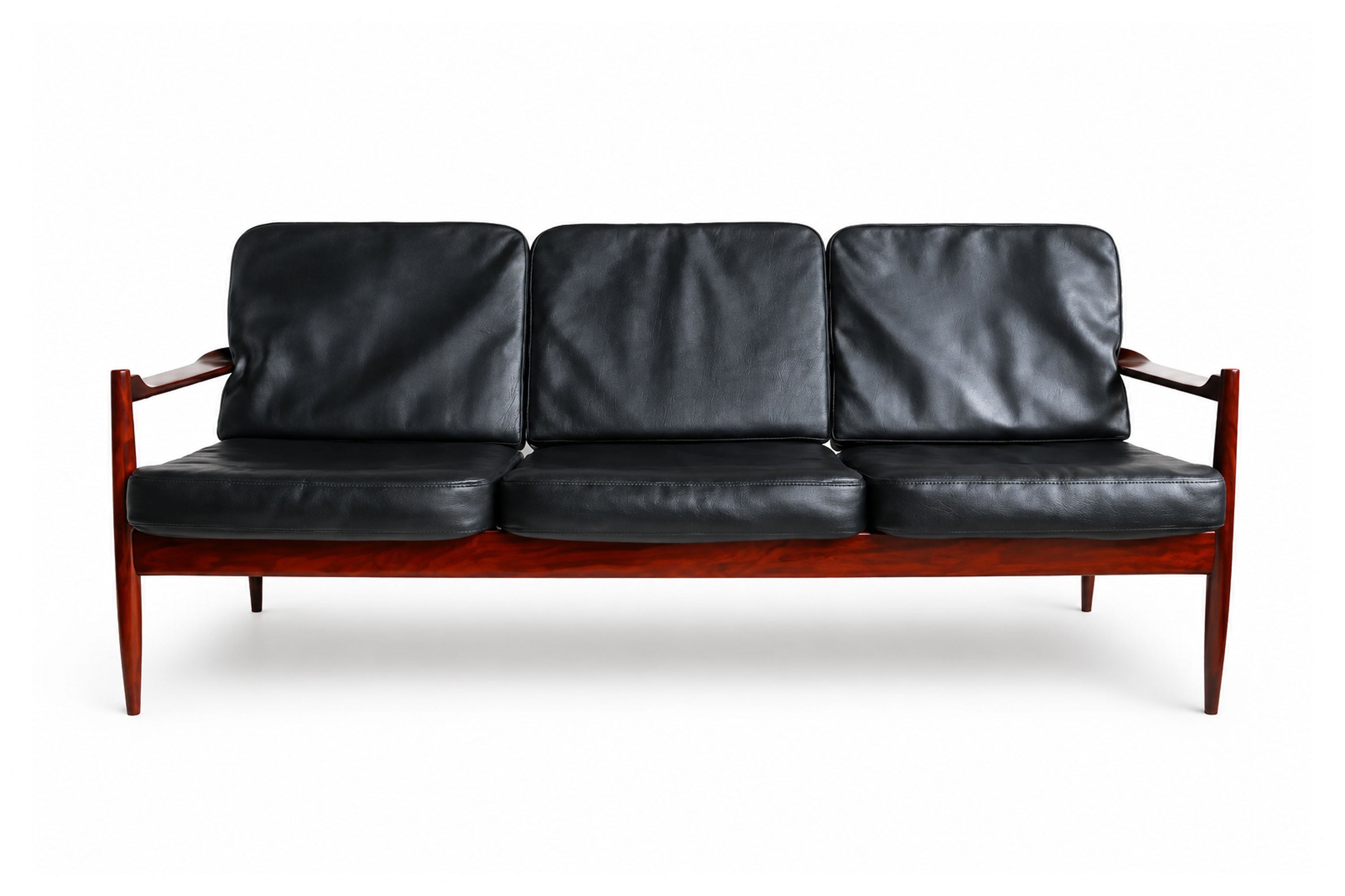 Exquisite Danish Design 3 seater sofa By Grete Jalk in Black Leather & teak 1950