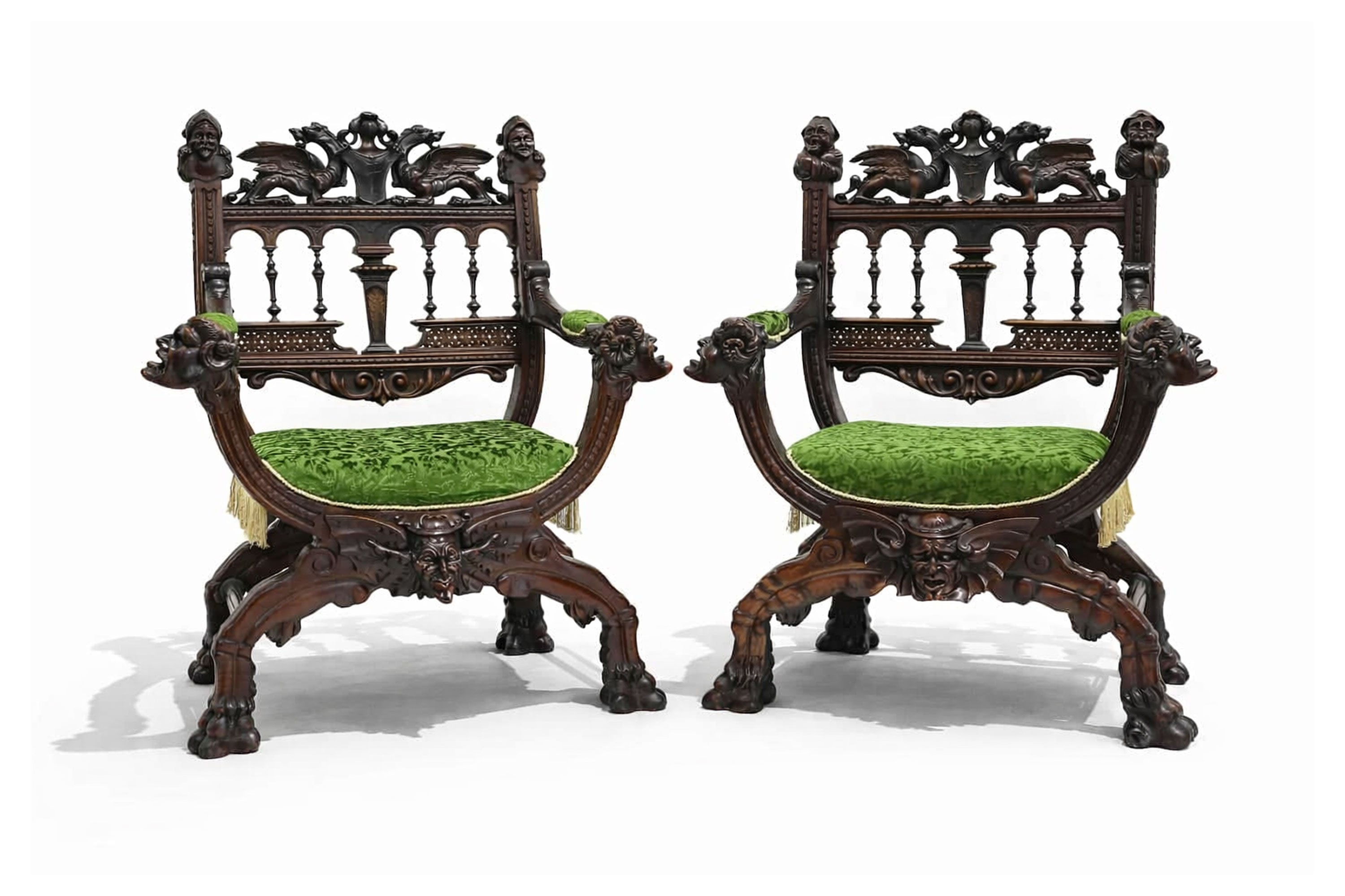 Pair of Gothic Revival lounge chairs by Victor Aimone 1880 #2